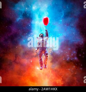 Dream of escape / 3D illustration of surreal science fiction scene with astronaut floating into space using red balloon Stock Photo