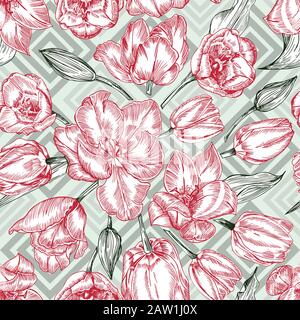 Greeting seamless with Spring flower tulips bouquet in red and green colors on blue background. Engraving drawing Vintage style Stock Vector