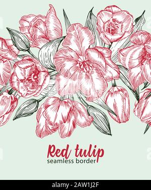 Greeting background with Spring flower tulips bouquet in red and green colors. Horizontal seamless pattern Stock Vector