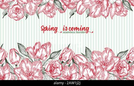 Greeting background with Spring flower tulips bouquet in red and green colors. Horizontal seamless pattern Stock Vector