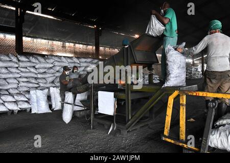 Ciego De Avila, Cuba. 31st Jan, 2020. Workers subpackage charcoal at the factory of Ceballos Agroindustrial Company, located about 450 km east of Havana in the central province of Ciego de Avila, Cuba, Jan. 31, 2020. Cuba has turned a prickly invasive weed that blights its agricultural landscape into a profitable export that more than pays for its clearing and harvesting. TO GO WITH 'Feature: Cuba turns pesky weed into profit-making export' Credit: Joaquin Hernandez/Xinhua/Alamy Live News Stock Photo