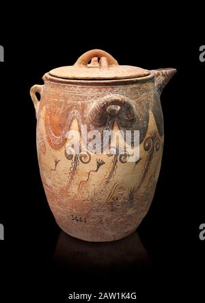 Minoan small bridge spouted jars decorated with lilies, Machlos 1500-1400 BC; Heraklion Archaeological  Museum, black background. Stock Photo