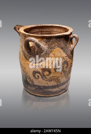 Minoan small bridge spouted jars decorated with lilies, Machlos 1500-1400 BC; Heraklion Archaeological  Museum, grey background. Stock Photo