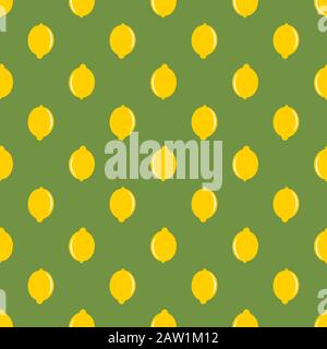 Lemon yellow whole fruit seamless art on green pattern background Stock Vector