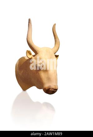 Minoan  bull's head rhython libation vessel, Phaistos palace 1700-1600 BC; Heraklion Archaeological  Museum, white background. Stock Photo