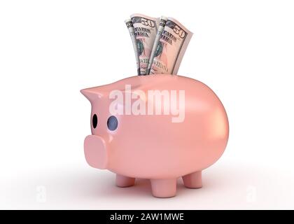 A pink piggy bank with a rolled up pair of us dollar bank notes inserted into it on an isolated white studio background - 3D render Stock Photo