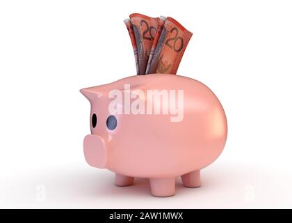 A pink piggy bank with a rolled up pair of australian dollar bank notes inserted into it on an isolated white studio background - 3D render Stock Photo