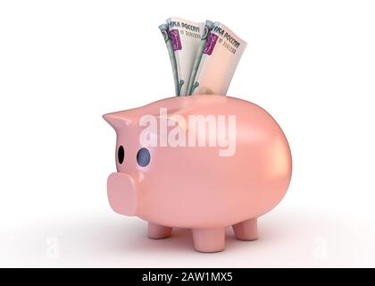 A pink piggy bank with a rolled up pair of russian ruble bank notes inserted into it on an isolated white studio background - 3D render Stock Photo