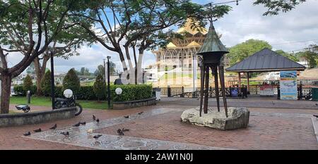 Kuching, Sarawak / Malaysia - February 6, 2020: The Waterfront area and Carpenter Street of Kuching Stock Photo