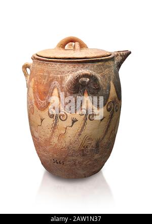 Minoan small bridge spouted jars decorated with lilies, Machlos 1500-1400 BC; Heraklion Archaeological  Museum, white background. Stock Photo