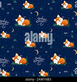 Seamless pattern with cute sleeping fox and moons, stars, lettering quote Good night. Vector illustration Stock Vector