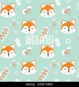 Seamless pattern with cute fox and flowers. Stock Vector