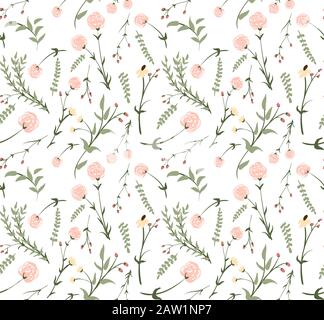 Seamless pattern with gentle hand drawn florals in pastel colors. Stock Vector