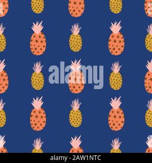 Abstract pineapples pink orange gold on blue seamless vector pattern. Repeating colorful tropical background. Hand drawn exotic fruit isolated in Stock Vector