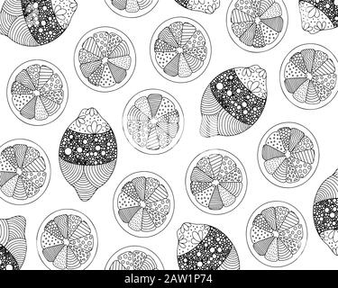 Coloring as vector seamless set of lemons with various patterns. Stock Vector