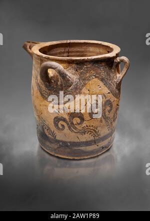 Minoan small bridge spouted jars decorated with lilies, Machlos 1500-1400 BC; Heraklion Archaeological  Museum, grey background. Stock Photo