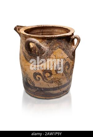 Minoan small bridge spouted jars decorated with lilies, Machlos 1500-1400 BC; Heraklion Archaeological  Museum, white background. Stock Photo