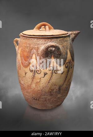 Minoan small bridge spouted jars decorated with lilies, Machlos 1500-1400 BC; Heraklion Archaeological  Museum, grey background. Stock Photo