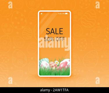 Sale banner, online shopping on mobile application concept. Easter sale offer background. Stock Vector