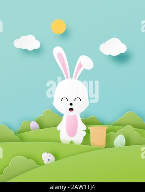 Happy Easter day greeting card in paper cut style. Vector illustration digital craft paper art. Stock Vector