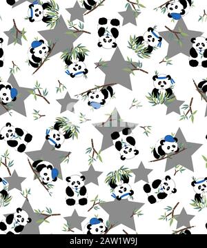 Pandas with bamboos in their hands in the background of the stars. For fabric, background, gift paper Stock Vector