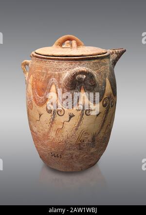 Minoan small bridge spouted jars decorated with lilies, Machlos 1500-1400 BC; Heraklion Archaeological  Museum, grey background. Stock Photo