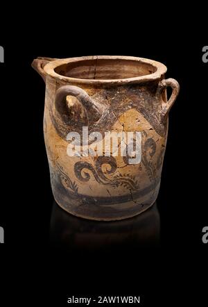 Minoan small bridge spouted jars decorated with lilies, Machlos 1500-1400 BC; Heraklion Archaeological  Museum, black background. Stock Photo