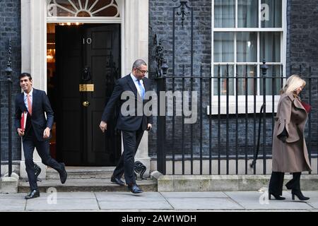 (left to right) Chief Secretary to the Treasury, Rishi Sunak, Conservative Party chairman James Cleverley and Minister of State for Housing Esther McVey leaving a cabinet meeting at 10 Downing Street, London. Stock Photo