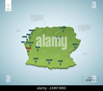 Stylized map of Lesotho. Isometric 3D green map with cities, borders, capital, regions. Vector illustration. Editable layers clearly labeled. English Stock Vector