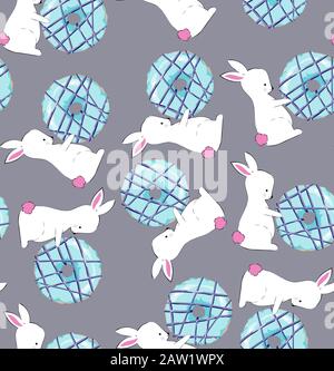 Rabbits and blue donuts. Vector seamless pattern - Textil, postcards, wallpaper Stock Vector