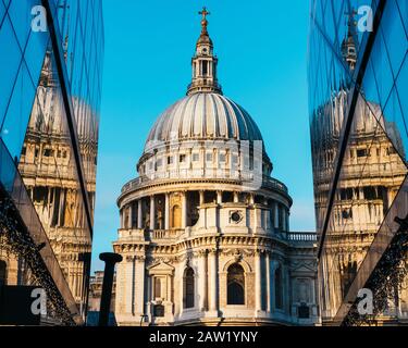 St Paul's Cathedral reflected in modern glass buildings in London