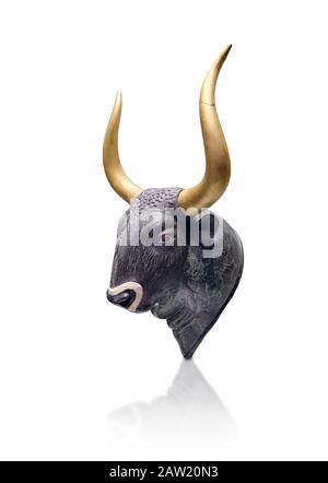 Minoan  bulss head shaped rhython with go;d horns, from the  Knossos-Little Palace 1600-1450 BC, Heraklion Archaeological  Museum.  There is a hole on Stock Photo