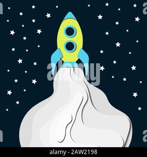 Spaceship vector illustration in paper cut style. Green rocket on dark night background with stars. Puff of white smoke bursting out of exhaust. Space