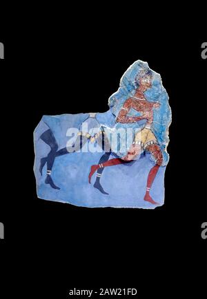 The Minoan 'Black Captain' fresco wall art from the House of Frescoes, Knossos Palace, 1350-1300 BC . Heraklion Archaeological Museum., black backgrou Stock Photo