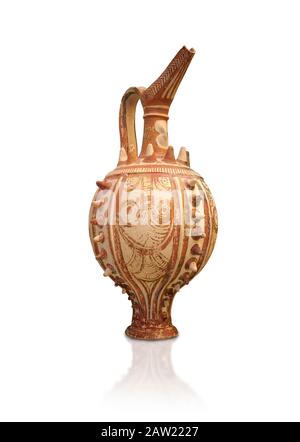 Greek Minoan ritual jug with spiky protusions and figure of eight shield on neck, Katsambas 1450-1450 BC, Heraklion Archaeological Museum, white backg Stock Photo