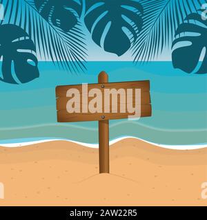 wooden sign summer holiday design on the beach with palm leaf vector illustration EPS10 Stock Vector