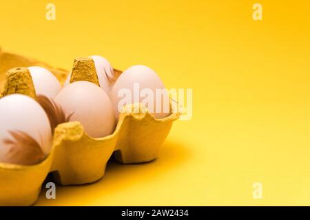 closeup. six ecological eggs and natural further in an eggbox on yellow background Stock Photo