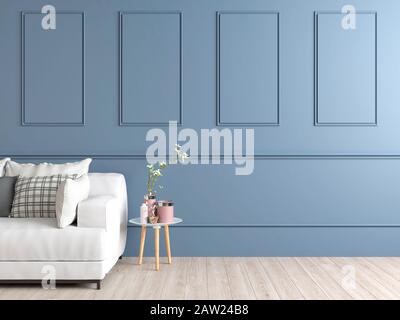pale blue wall interior with sofa and copy space. 3d render