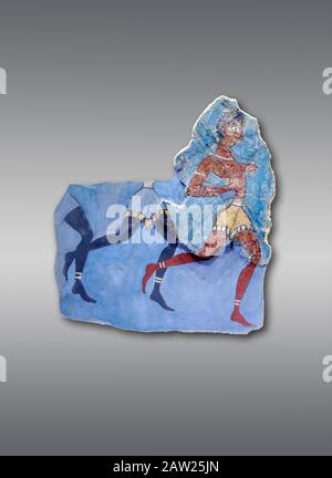 The Minoan 'Black Captain' fresco wall art from the House of Frescoes, Knossos Palace, 1350-1300 BC . Heraklion Archaeological Museum.,grey background Stock Photo