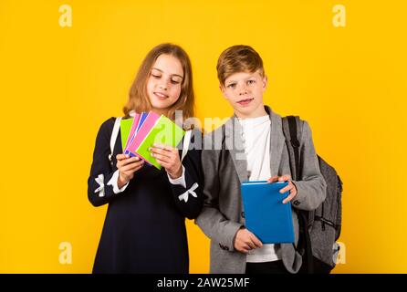 Better together. Student ready for lessons. Regular school program. School education for advanced level. Classes for teens. Talent development. Intern Stock Photo