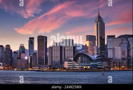 Hong Kong skyscrapers with red sky Stock Photo