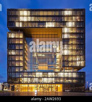 thyssenkrupp headquarters Q1 in the evening, Germany, North Rhine-Westphalia, Ruhr Area, Essen Stock Photo
