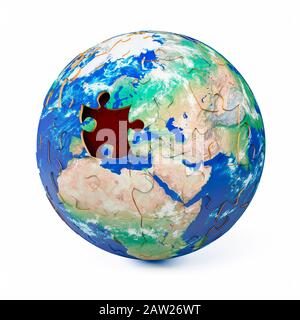 Globe jigsaw puzzle showing a piece missing over the continent of Europe on planet earth Stock Photo