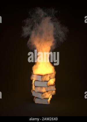 Pile of books burning, engulfed in flames Stock Photo