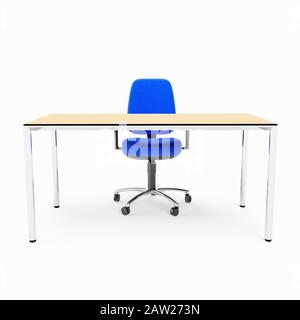 A blue basic office chair and empty office desk Stock Photo
