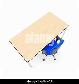A blue basic office chair and empty office desk Stock Photo