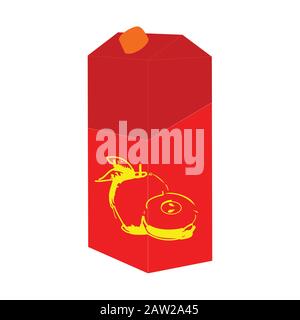 A Red Apple Juice Carton With a Yellow Sketch of Apples Stock Vector