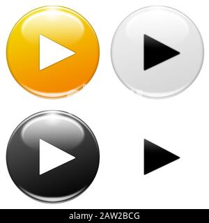 Play button, yellow, white, black isolated on white background Stock Photo