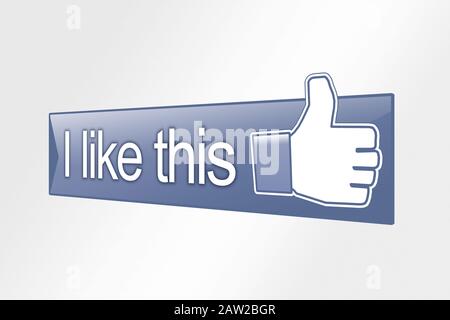 Stuttgart, Germany - Novemeber 08, 2013: Social network  like button, thumb up isolated on white background for e-business, web sites, mobile applicat Stock Photo