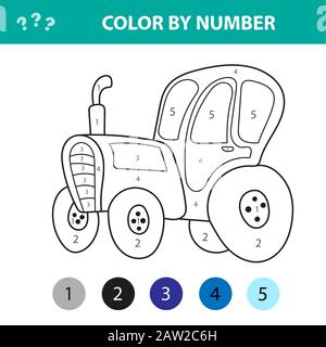 Vector illustration of coloring book tractor, transport, lessons for children, drawing, coloring by numbers Stock Vector